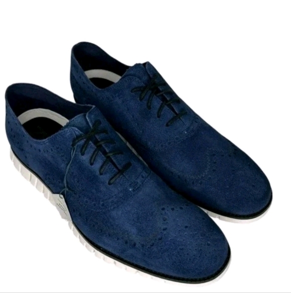 Cole Haan ZERØGRAND Wingtip Oxford Water Resistant Navy Blue Suede Shoe Size 9.5 - Picture 3 of 4